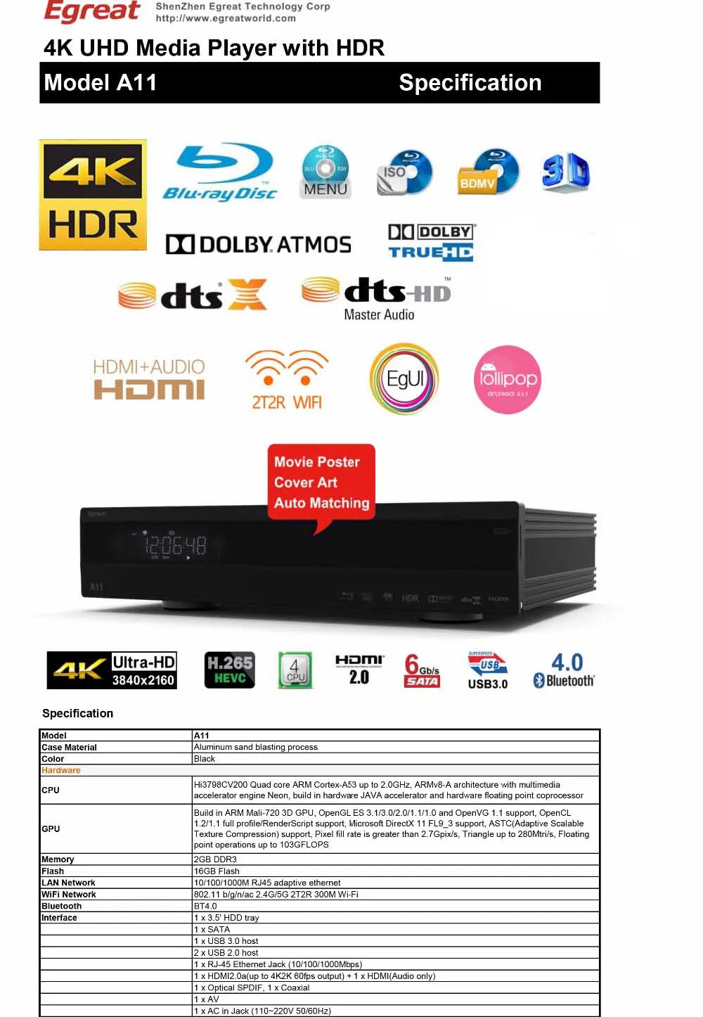 Egreat A11 4K Ultra HD Android tv Box Hi3798CV200 2T2R wifi Gigabit LAN HDR10 Blu-Ray 3D Dolby ATOMS DTS X VIDON 2 медиаплеер