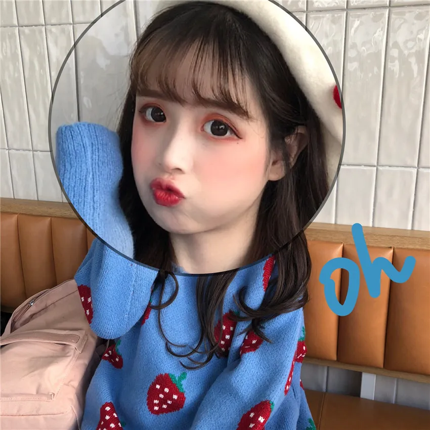 Корейский Ulzzang Зимний Большой размер свободный Забавный клубничный принт шикарный длинный рукав женский милый ins o-образный вырез модный Повседневный свитер