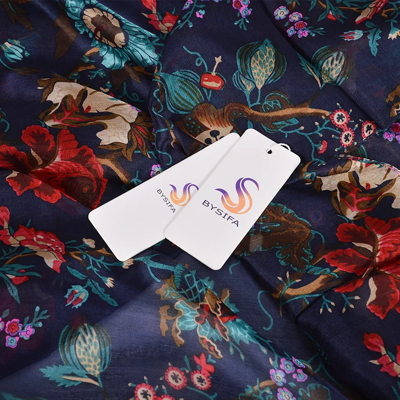 [BYSIFA] Women's Pure Silk Scarf Shawl Fashion Utra-long Scarves Printed Fall Foulard Winter Navy Blue Red Neck Scarf 180*110cm