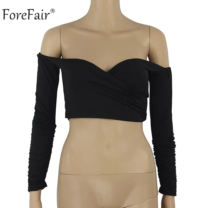 ForeFair женский короткий топ с открытыми плечами и длинным рукавом, осень, тренд, с перекрещивающимися бретелями, с вырезом лодочкой, сексуальная рубашка, топы для девушек