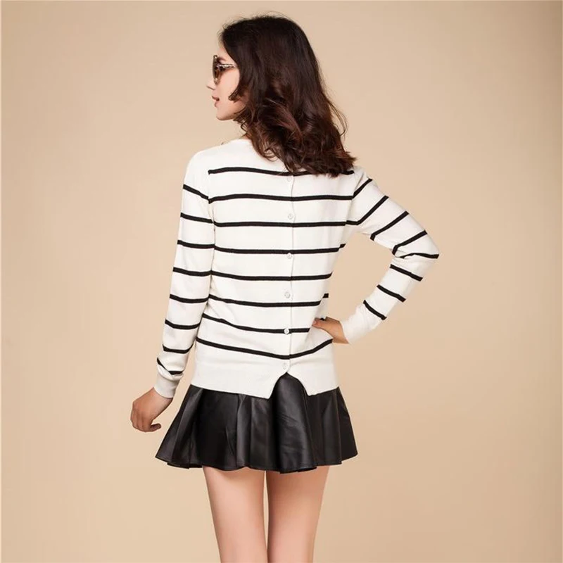 HZYRMY Spring Autumn NewWomen Cashmere Cardigan Round Neck Fashion Stripe Short Rear Shirt Loose Wool Knit Soft Sweater |