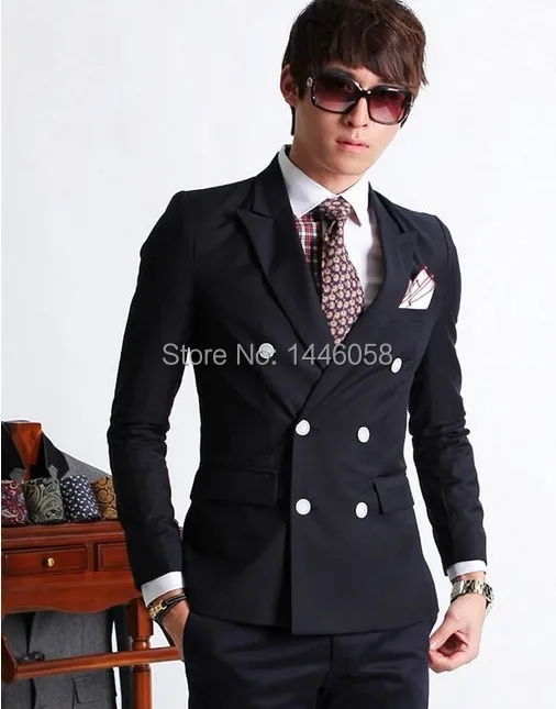 Customize Double-Breasted Side Vent Groom Tuxedos Dark Blue Peaked Lapel Slim Fit Wedding Clothing Business Suit (Jacket+pants)