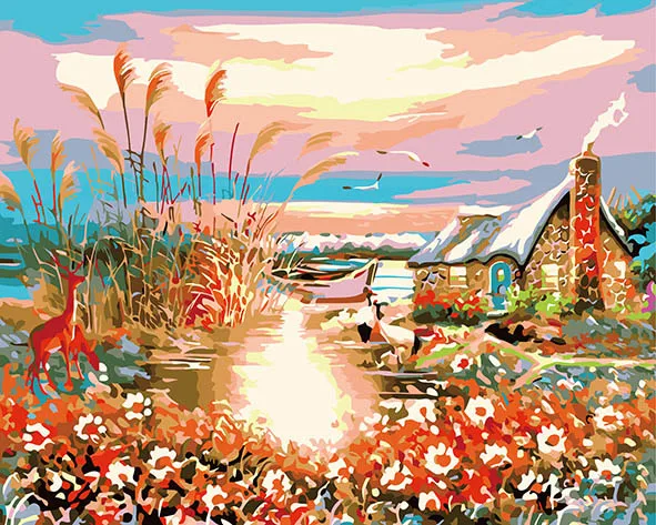 Красный закат пейзаж DIY живопись набор краска по номерам Набор картина маслом на