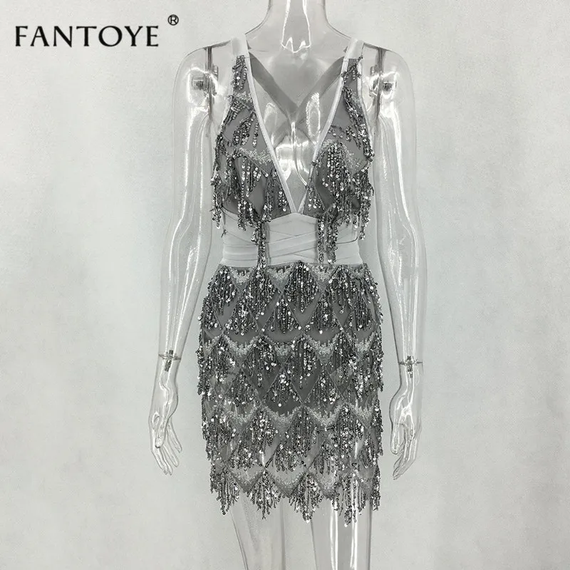gray Fantoye спинки золотые блестки Bodycon платье для женщин кружево до Глубокий V средства ухода за кожей Шеи Пикантные мини клуб Рождественская повязка платья - Цвет: gray