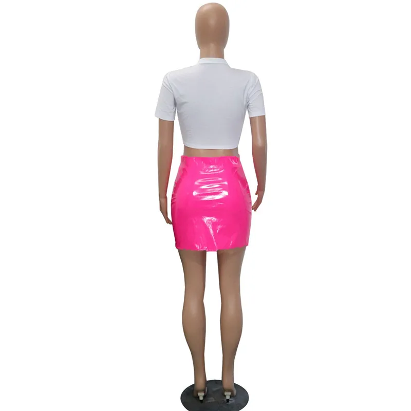 Lips Pattern Printed White Crop Tees Top Blue/Yellow/Red/Fuchsia Front Zipper PU Leather Package Hips Mini Skirts Suits Online | Женская
