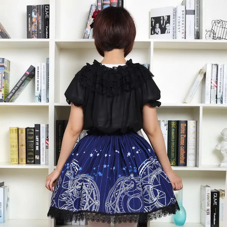 CARDCAPTOR SAKURA, темно-синяя короткая плиссированная юбка в готическом Стиле Лолита, женские юбки с волшебным геометрическим принтом и лунной звездой для девочек-подростков