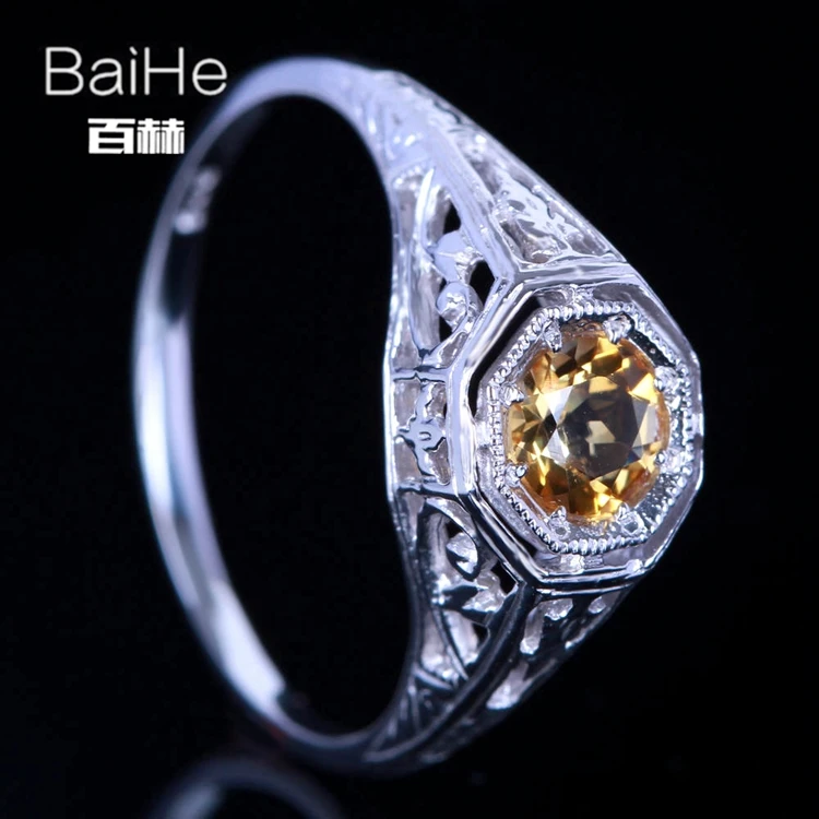 BAIHE Стерлинговое Серебро 925 0.92ct Сертифицированный желтый безупречный круглый настоящий Цитрин обручальное женское старинные ювелирные украшения кольцо