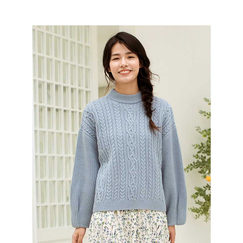 INMAN Winter Female Half-high Collar Jacquard Loose Lantern Sleeve Long Pullover Women Sweater | Женская одежда