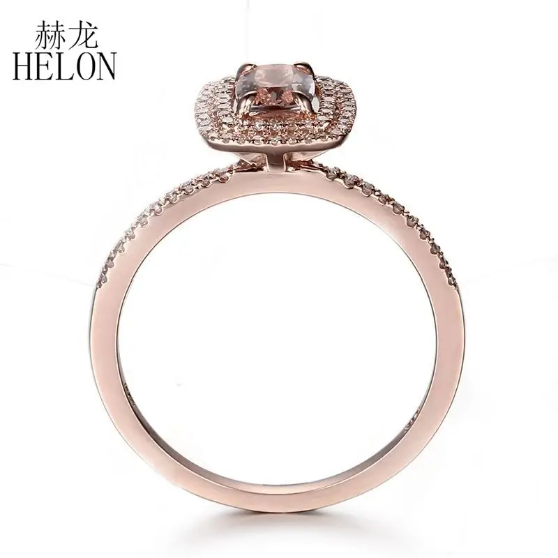 HELON Solid 14 К розовое золото 6X4 мм подушки 0.5ct морганит драгоценный кольцо природных алмазов Обручение обручальное кольцо для женщин Fine Jewelry
