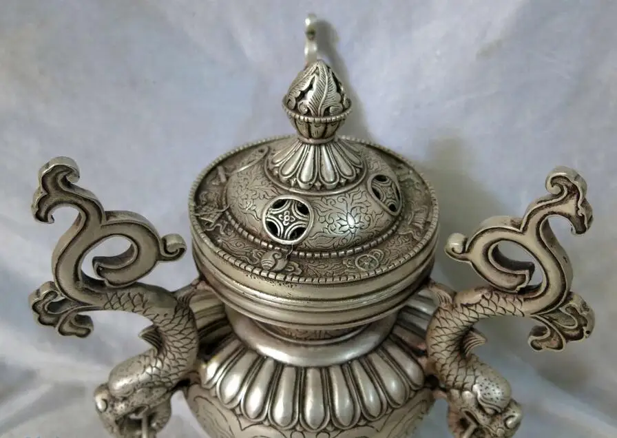 Fine silver censer China carved lucky two Dragon sculpture incense burner Statue | Дом и сад