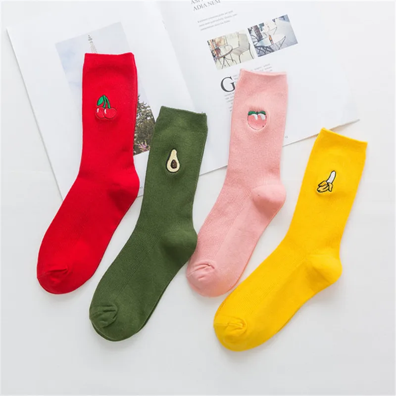 Howfits Women Ankle Funny Cute Harajuku Socks Cotton Fruits White Pink Cherry Peach Avocado Banana Cartoon Streetwear | Женская одежда