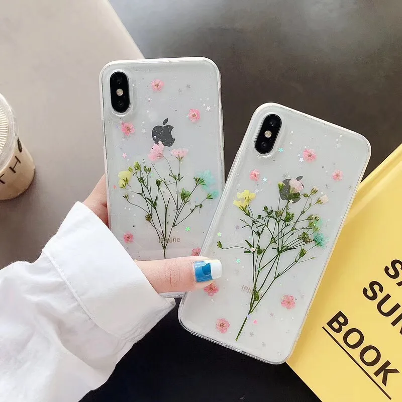 Чехол с высушенными настоящими цветами для iPhone X XS Max XR 6 6S 7 8 Plus прозрачная