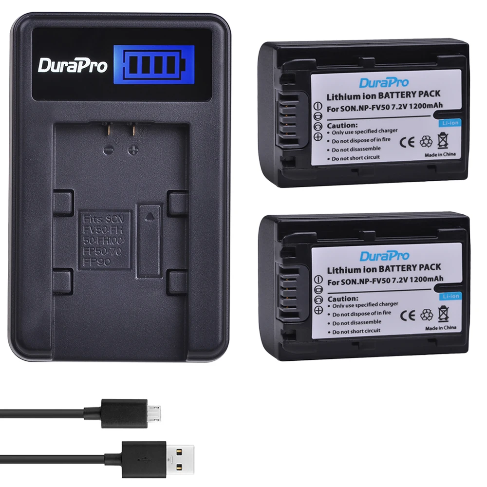 Аккумулятор для фотоаппарата 2 шт. 1200 мАч NP-FV50 FV50 + зарядное устройство USB с ЖК-дисплеем для SONY CX390 290E PJ510 820E 790E 660E XR260 CX700E PJ50E 30E SR68
