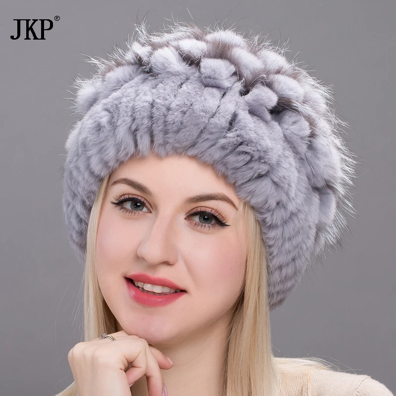 Новый Для женщин кролик меховая шапка с лисьим мехом Швейные цветок голову ремни