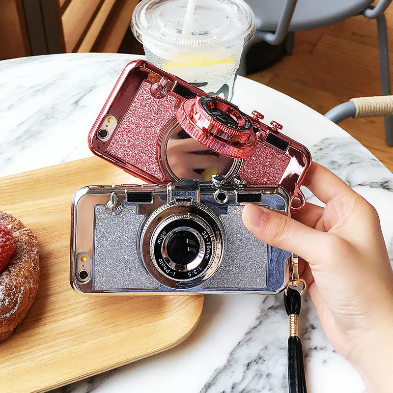 Shining Glitter Powder Camera Stand Phone Case For coque iphone X XR XS MAX 6 6s 7 8 PLUS cape Hide Makeup Mirror Cover+Lanyard |