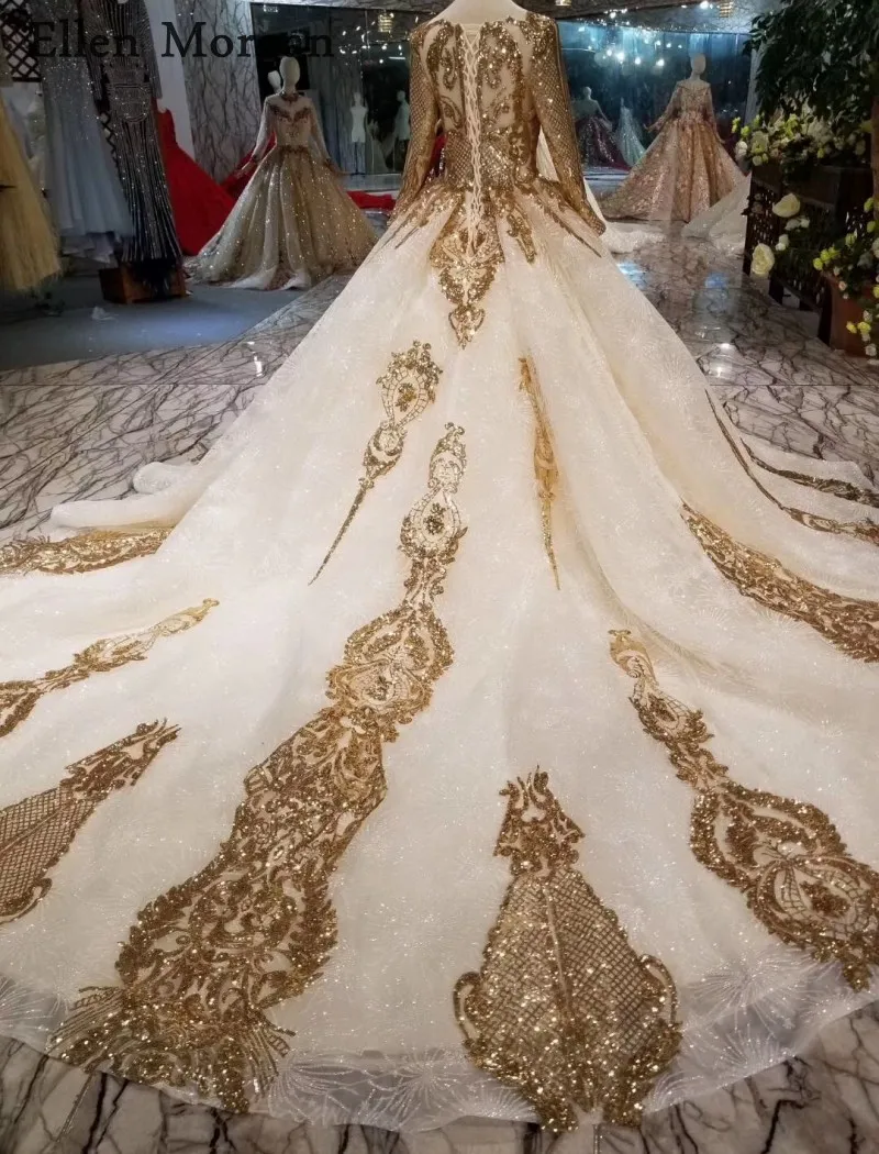 Elegant Long Sleeves Wedding Dresses with Gold Lace Puffy Boat Neck Chapel Train Corset Luxury Princess Vintage Bridal Gowns