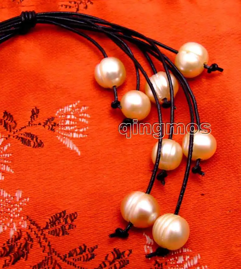Big 10-11mm Pink Potato Natural Freshwater Pearl &amp Black Leather 4 strands 32&quot Long Necklace-nec6148 Wholesale/retail Free ship |