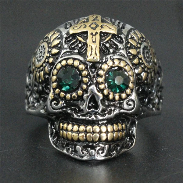 Drop Ship Size 7-14 Cool Fashion Gold Cross Jesus Skull Ring With Green Eyes 316L Stainless Steel Motorcycles Biker | Украшения и
