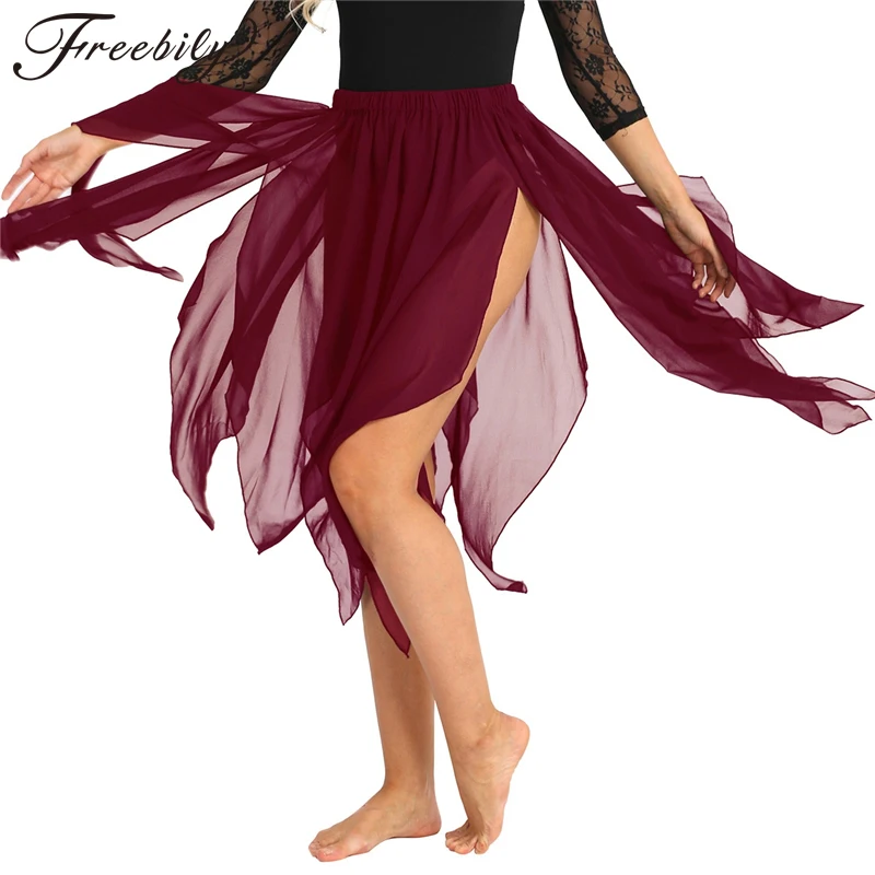 Fashion Women Girls Side Split Asymmetrical Belly Dance Skirt Adult Lady Performance Lyrical Costumes Chiffon | Тематическая одежда