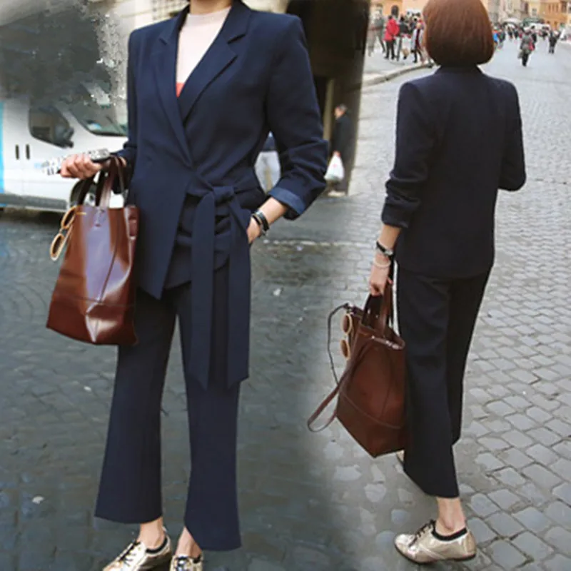 

Женский офисный брючный костюм, комплект из 2-х предметов, двубортный блейзер в полоску и брюки на молнии, осенняя одежда