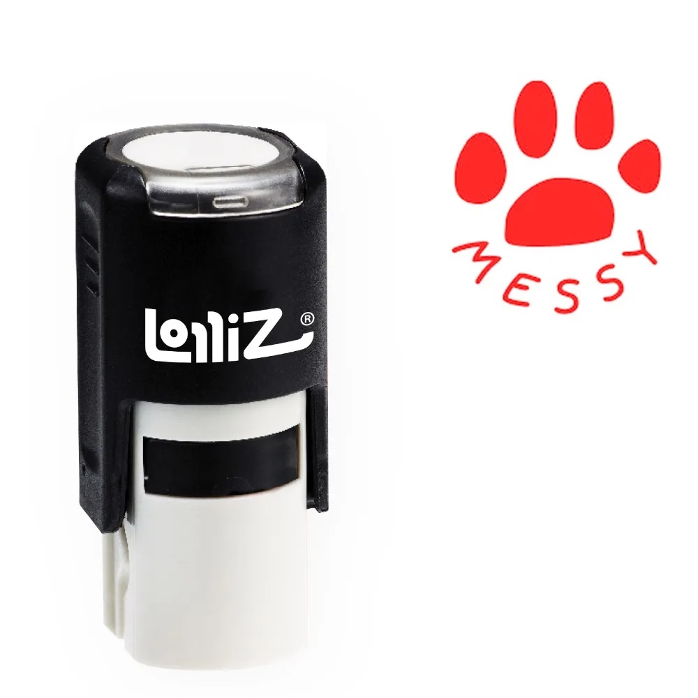 

LolliZ Round Self-Inking Stamp, "Messy" Text W/ Bear Paw Image, Teacher Stamp W/Lid, Laser Engraved Rubber, RED