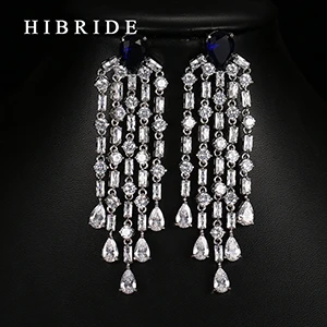 white gold plated Модные серьги HIBRIDE с кисточкой из циркона красного, зеленого, синего и белого цветов, женские серьги с родиевым покрытием, подарки E-56 - Окраска металла: white gold plated
