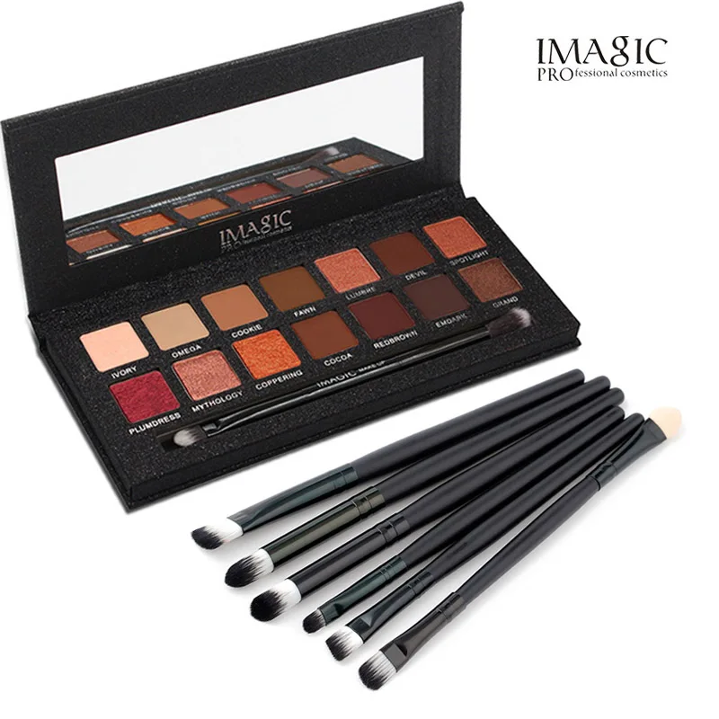 14 Colors with brush IMAGIC палитра теней для век 16 цветов макияж Профессиональная стойкая матовая Мерцающая пигментированная пудра с 6 кистями - Цвет: 14 Colors with brush