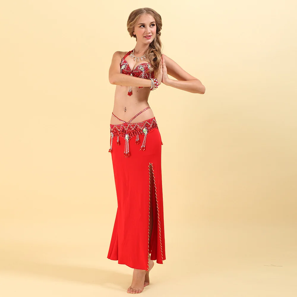 2018 Professional Dance Wear Belly Clothes 3 pcs Beaded Bra Belt Skirt Set Women Oriental Costumes | Тематическая одежда и