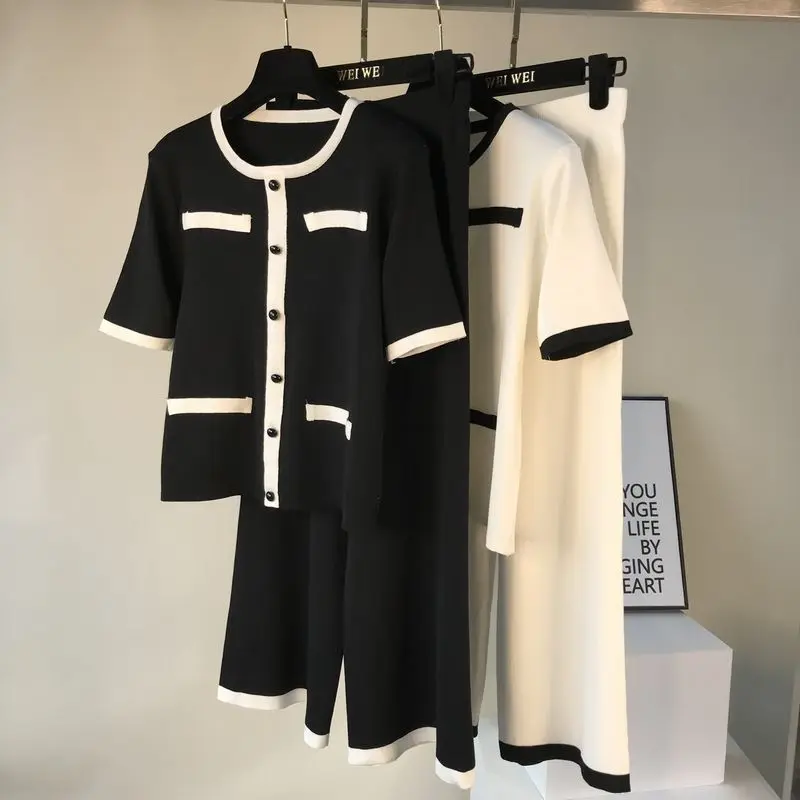 ALPHALMODA вязаный костюм с круглым вырезом и короткими рукавами + широкие брюки из