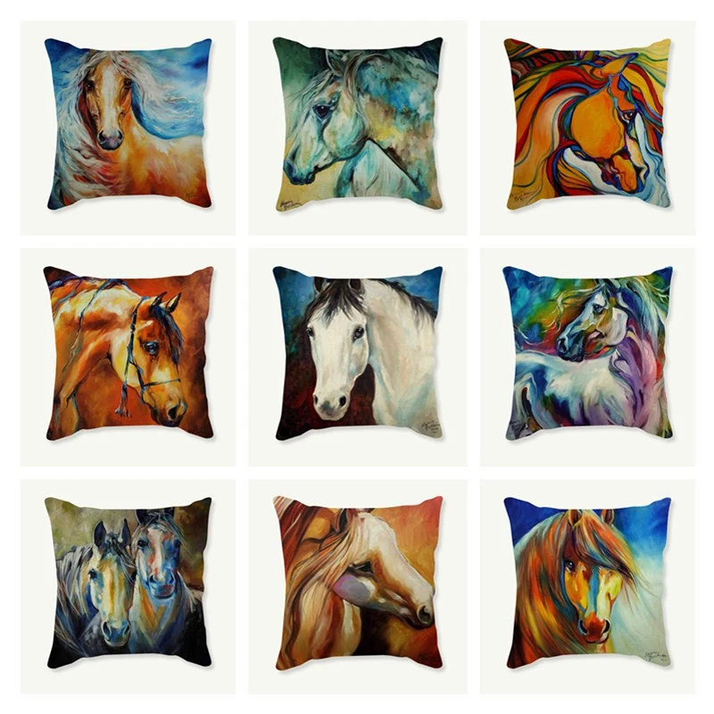 

Decorative linen cushion throw pillow case horse oil painting animal print pillowcase car sofa chair decor cushion cover 45x45