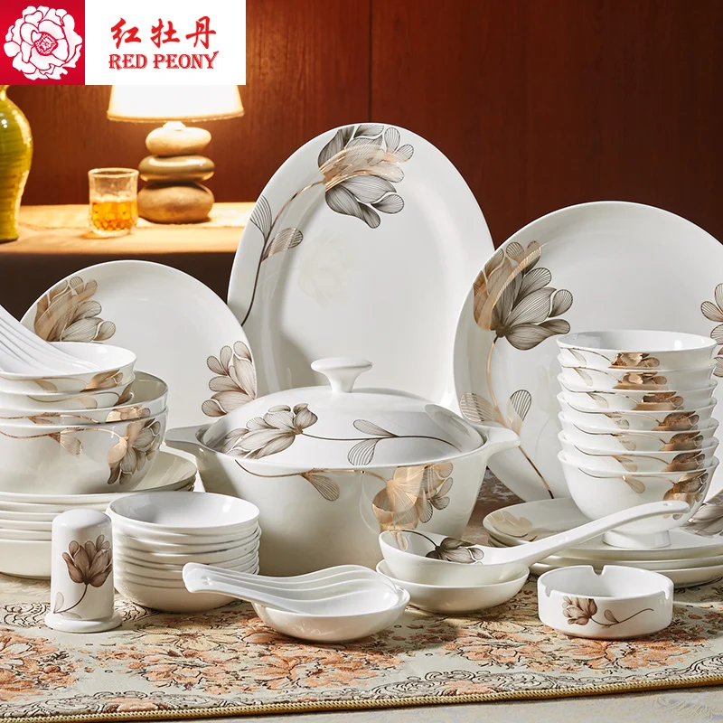 Tangshan 56 голова костяного фарфора посуда чаша набор китайские блюда простая
