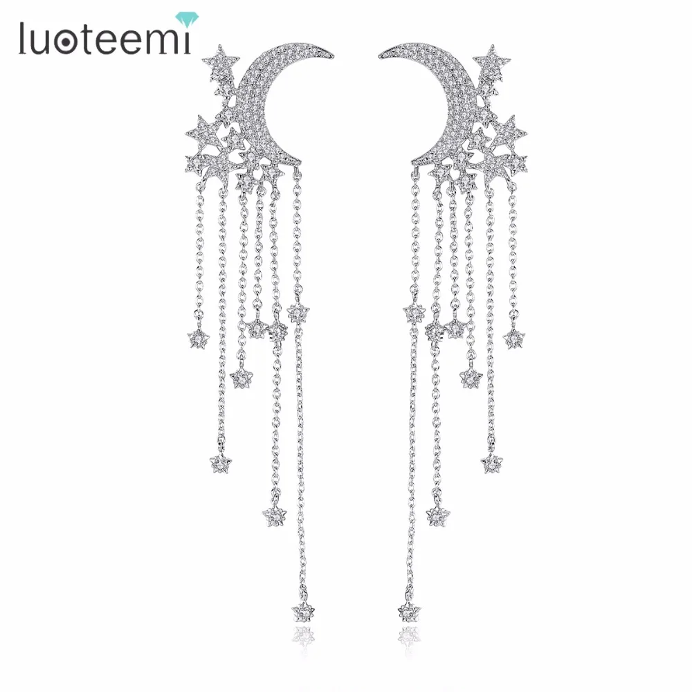 LUOTEEMI, брендовые Винтажные серьги-капли, эффектные блестящие CZ звезды, круглая луна, Длинная кисточка, цепочка, свисающие серьги, ювелирные изделия для девочек