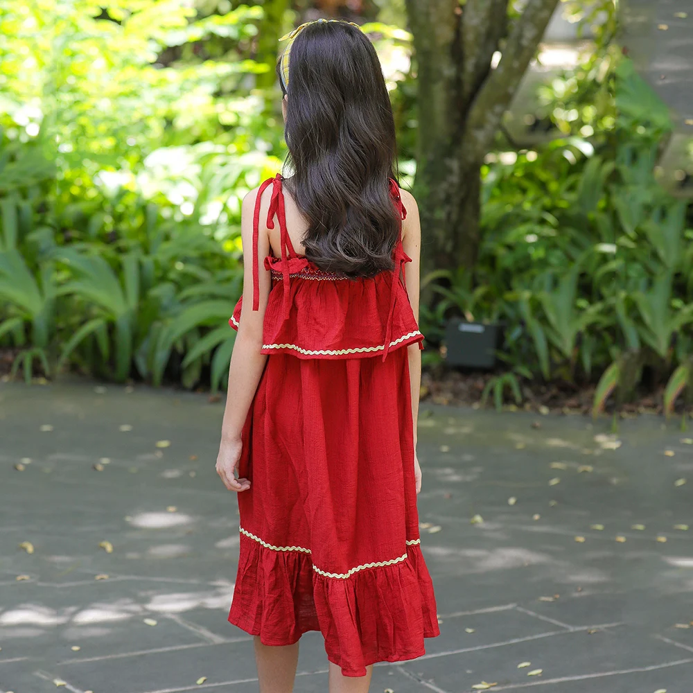 B-646 2019 New Fashion Summer Girl Casual Sling Dress Child Red Dresses Popular Holiday Bare Shoulder Sleeveless Beach | Детская одежда