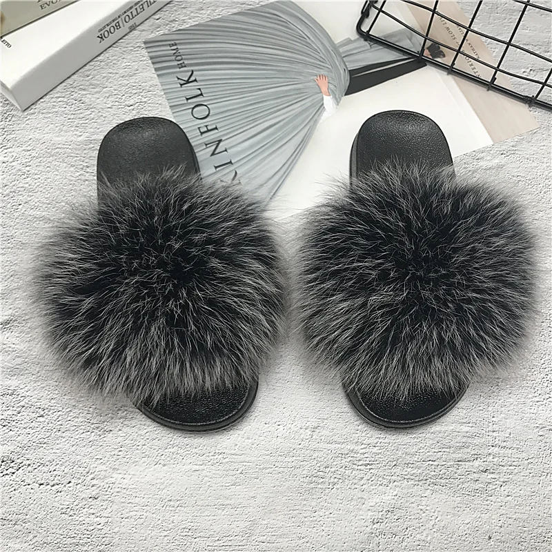 black white Женские меховые тапочки из натурального меха енота лисы меховые Тапочки s пляжные шлепанцы модный стиль пушистые шлепанцы мягкие теплые большие пушистые Меховые Туфли - Цвет: black white