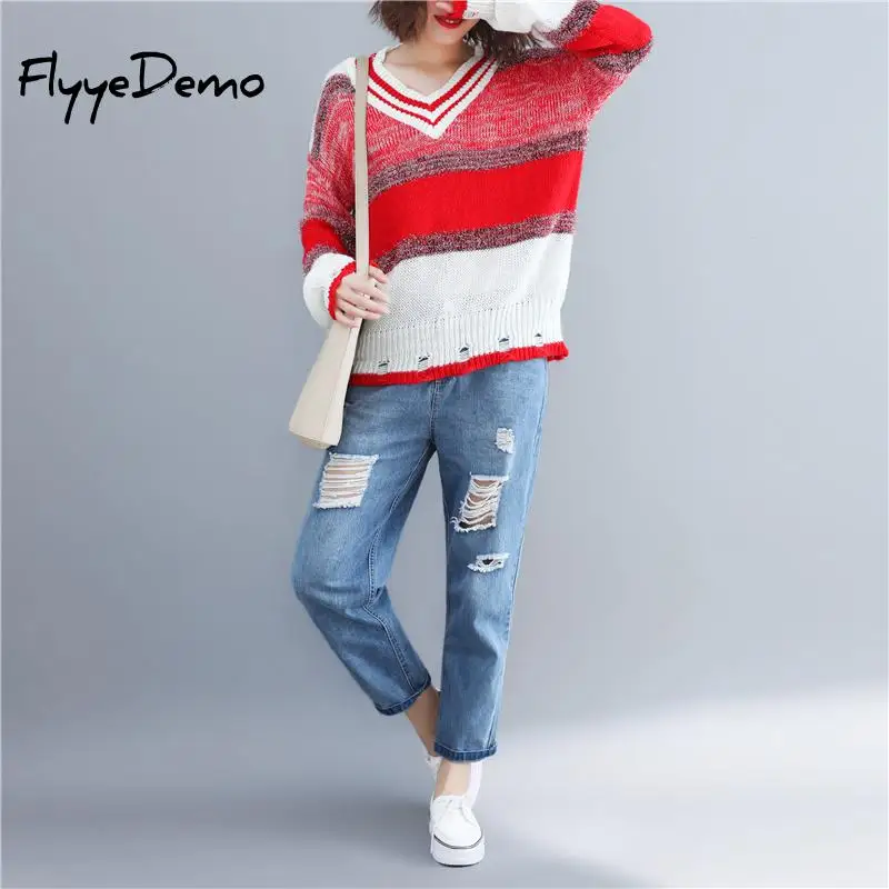 Women Fashion Hole Sweater Basic Striped V Neck Loose Long Sleeve Candy Colors Pullovers Female Sweet Tops Free Size | Женская одежда