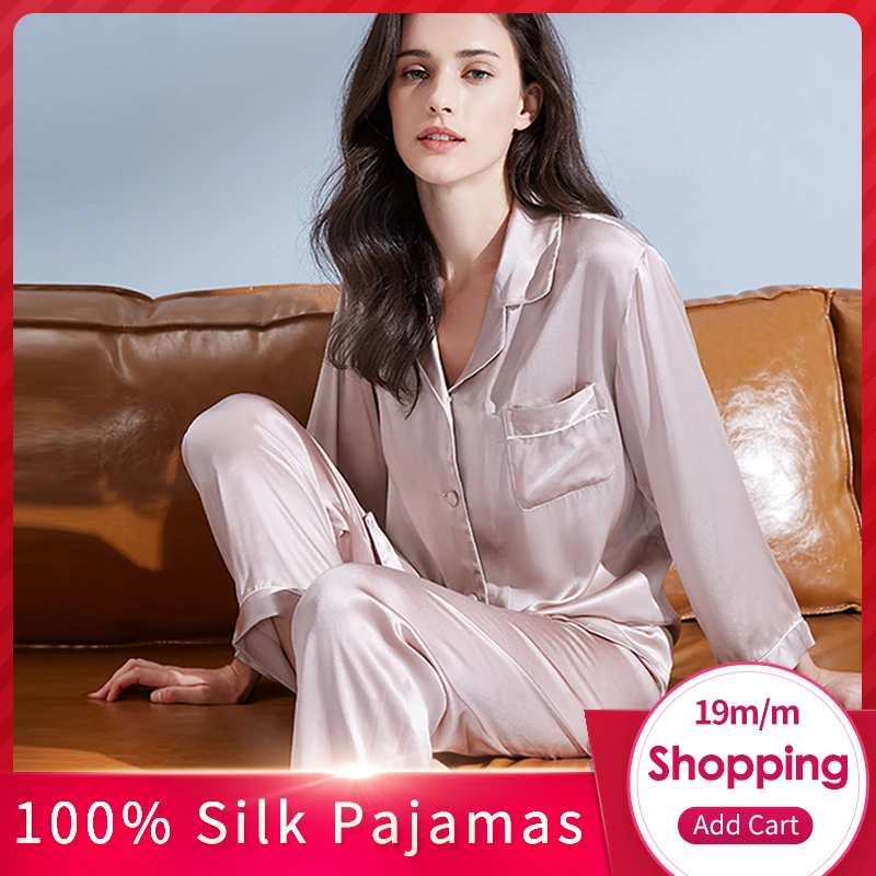 

Women 100% Real Silk Pajamas Set 2020 Solid 19 m/m Silk Pijama Mujer Sleep Lounge Bedgown Pure Silk Sleepwear Suits Pyjama Femme