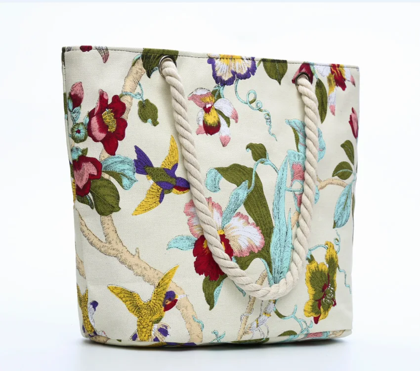 Винтажная женская сумка с вышивкой пляжная цветочным принтом и птицами Холщовая