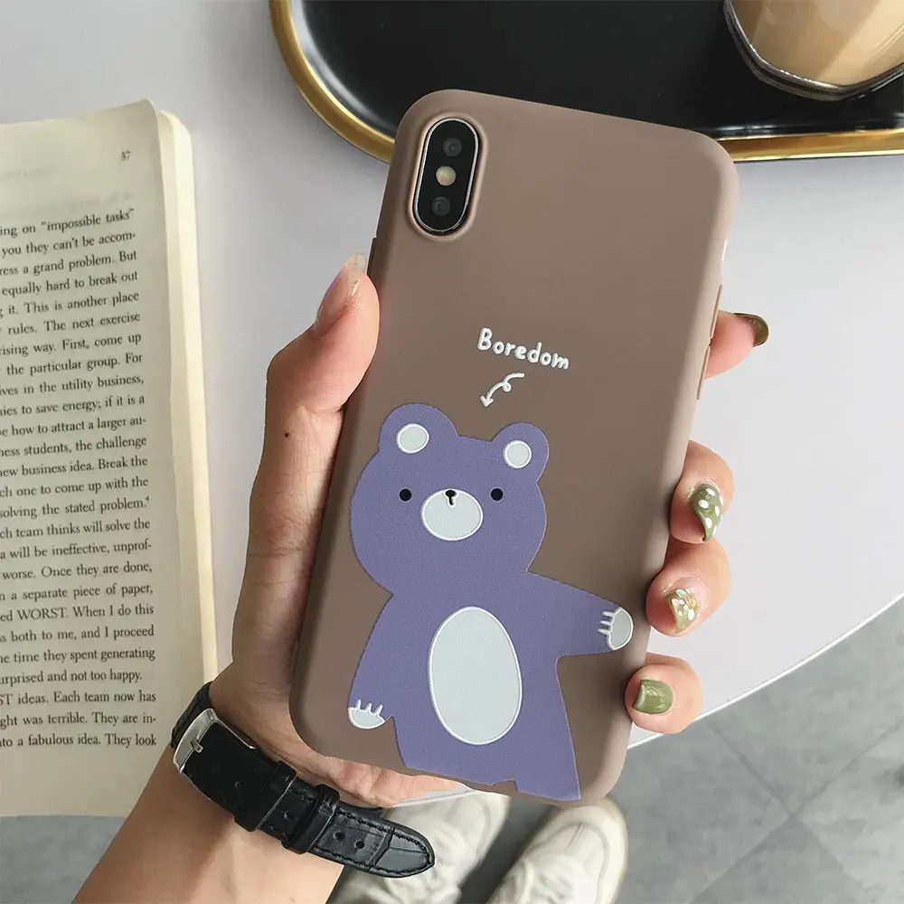 TPU чехол матовый с животными для iPhone 7 Plus XR X XS Xs Max 8 Чехлы 6S 6 милый кролик медведь