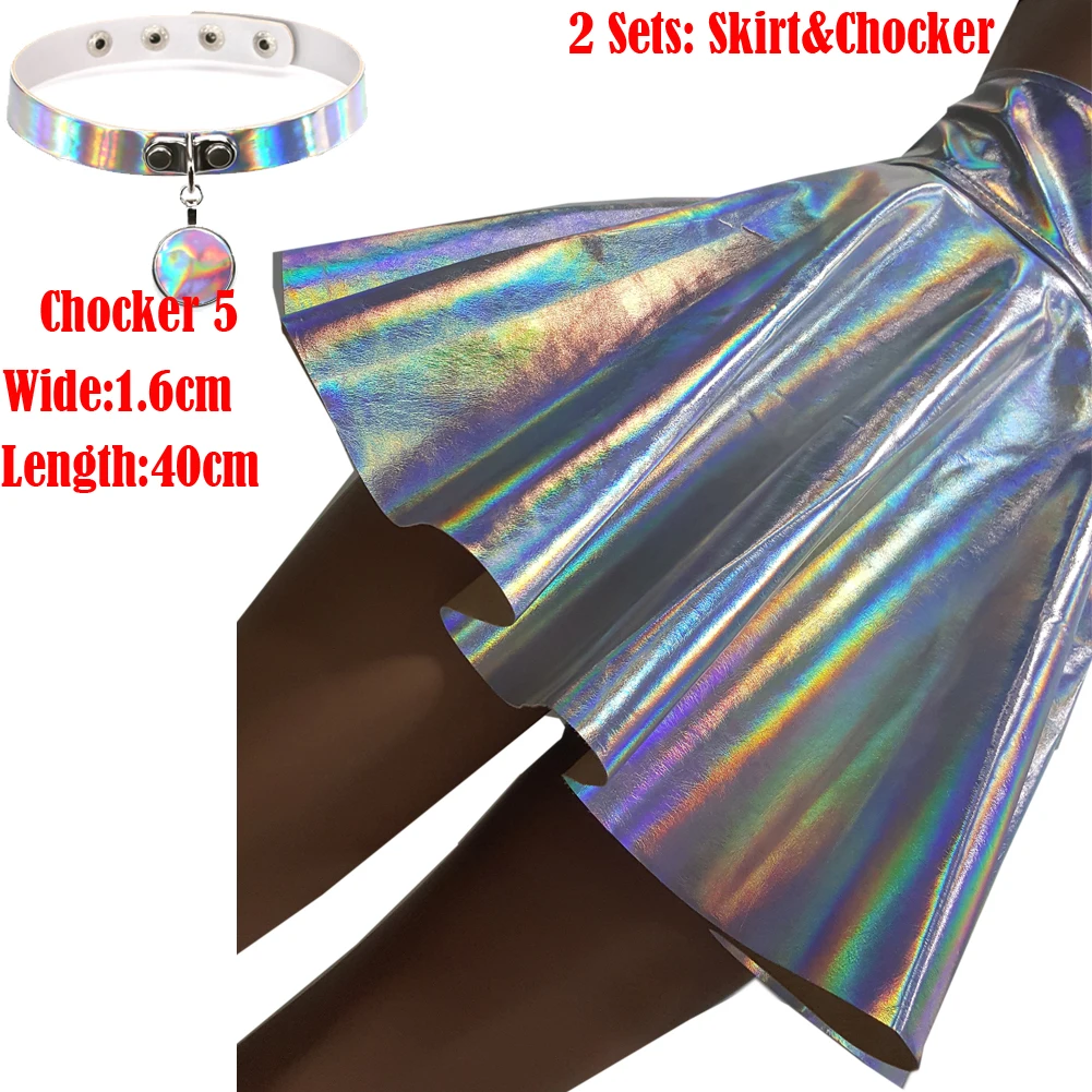 367 skirt chocker 5 Harajuku Серебряная голографическая Женская виниловая юбка голографические одежды для рейва фестиваля наряды лазерная голограмма фольга ткань юбка для скейтера - Цвет: 367 skirt chocker 5