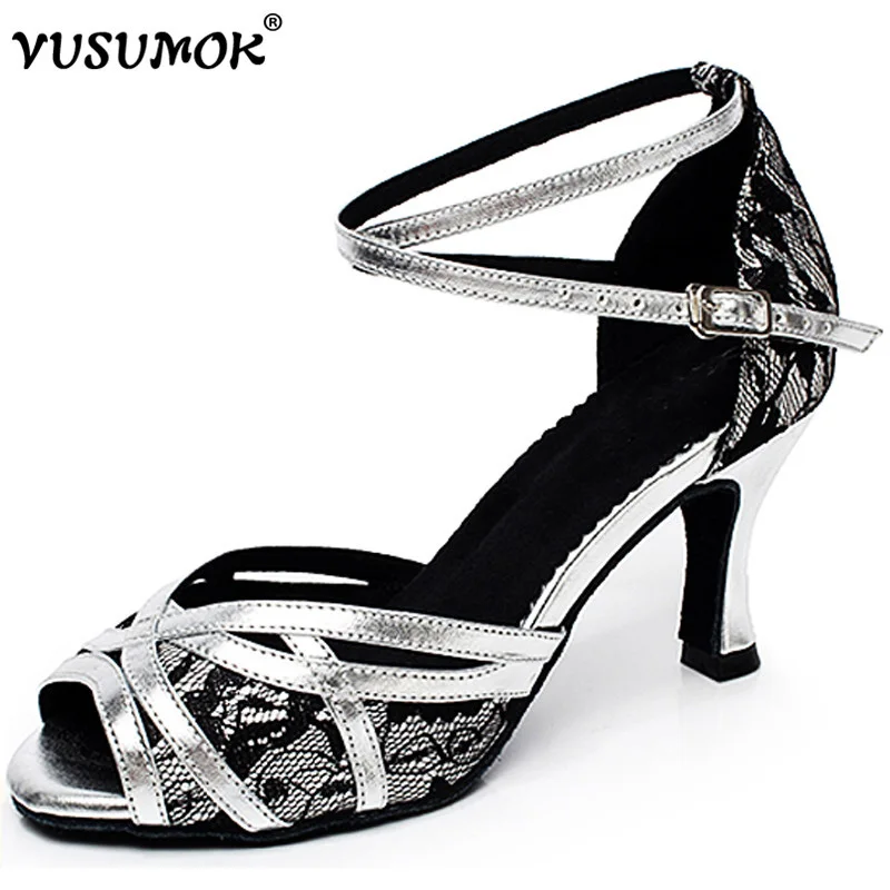 

VUSUMOK Brand Modern Latin Tango Salsa Ballroom Women Dance Shoes Dancewear Ladies Party Square Lace Heels Plugs size