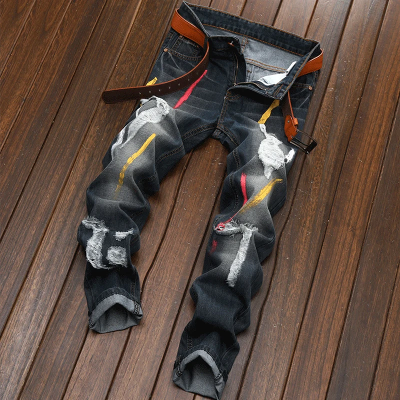 Men Jeans Pants 2021 Fashion Brand Graffiti Harajuku Vintage Hip Hop Denim Pants Skinny Straight Distressed Men Ripped Jeans