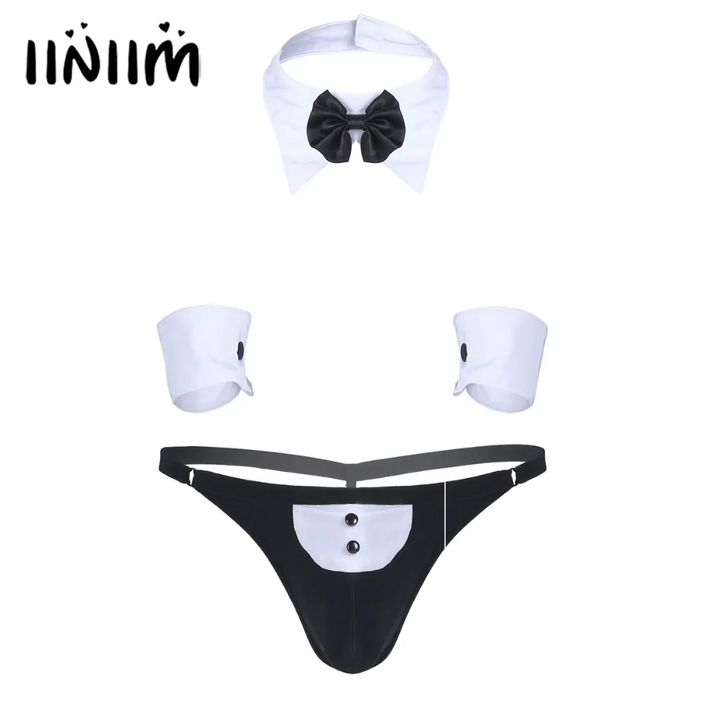 

3Pcs Mens Waiter Tuxedo Lingerie Sexy Cosplay Costume Open Back G-string Thong Underwear with Bow Tie Collar and Bracelets