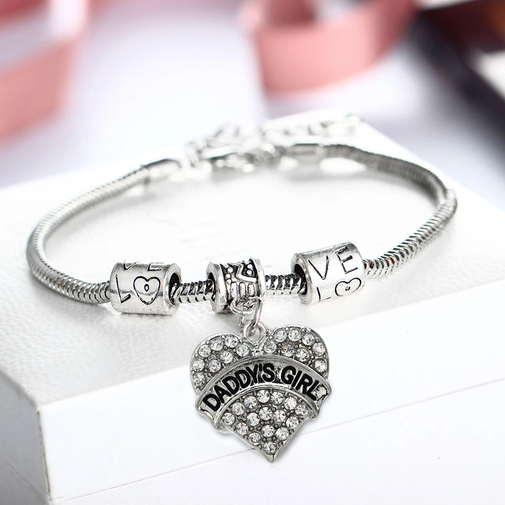 

12PC/Lot Charm Daddy's Girl Clear Crystal Heart Pendant Love Beads Bracelet Chain Bangle Family Daughter Women Jewelry Gifts New