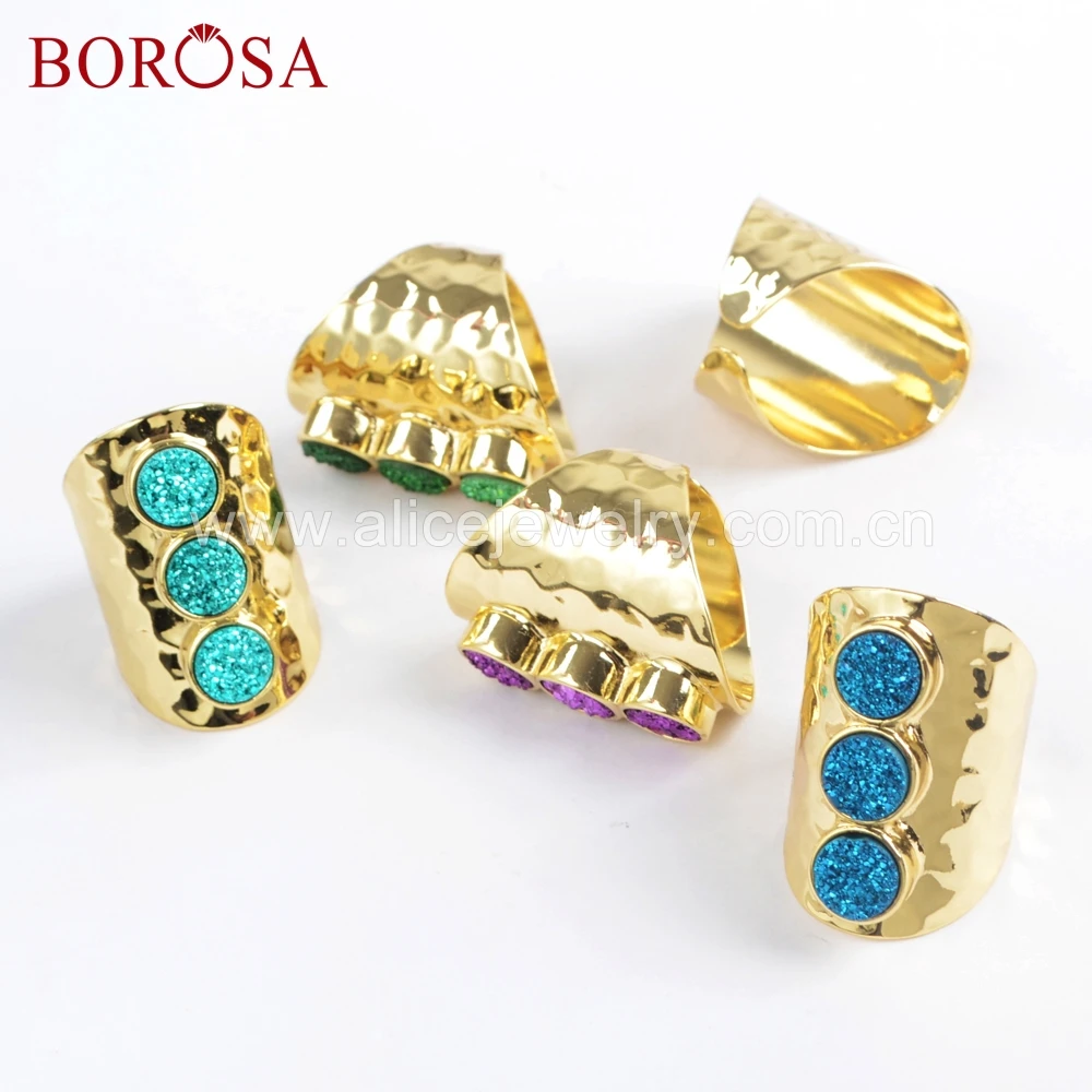 BOROSA 4pcs Round Titanium Dark Rainbow Druzy Band Ring Equality Three Gems Gold-color Rings Gifts ZG0366 | Украшения и