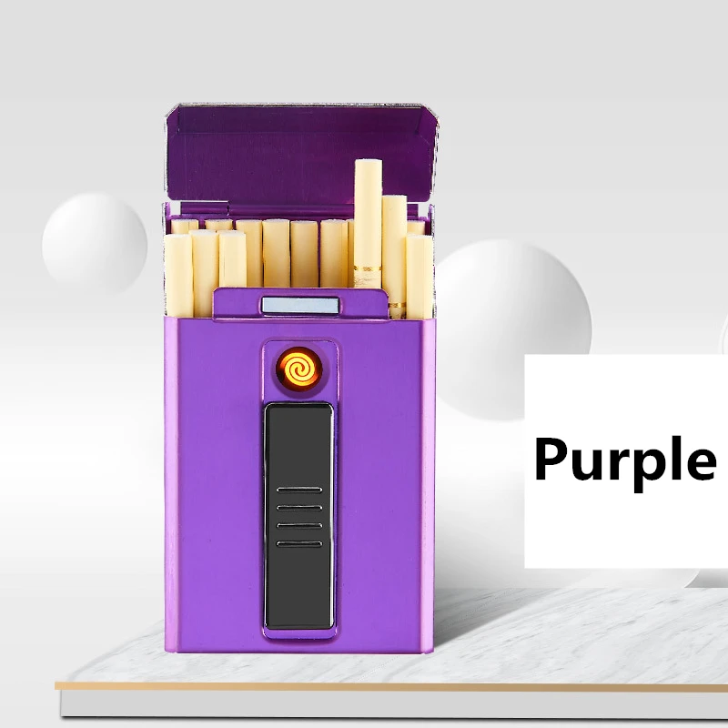 Purple Аварийный Женский 20 длинный тонкий чехол для сигарет с зарядкой Реверсивный вольфрамовый провод компрессионный металлический чехол для сигарет - Цвет: Purple