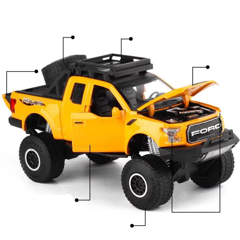 Сплав литья под давлением для Ford F150 Raptor пикап Рок Гусеничный грузовик Вытяните назад Модель автомобиля коллекция звук и светильник хобби игрушки подарок