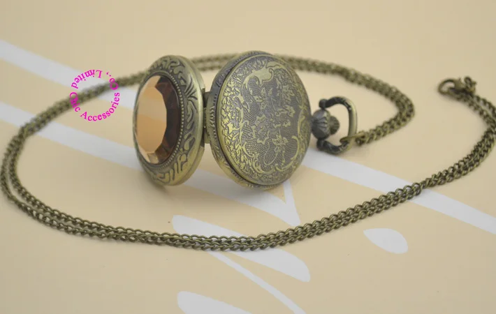

wholesale price good quality nice beautiful vintage retro new bronze coffee glass pocket watch necklace with chain