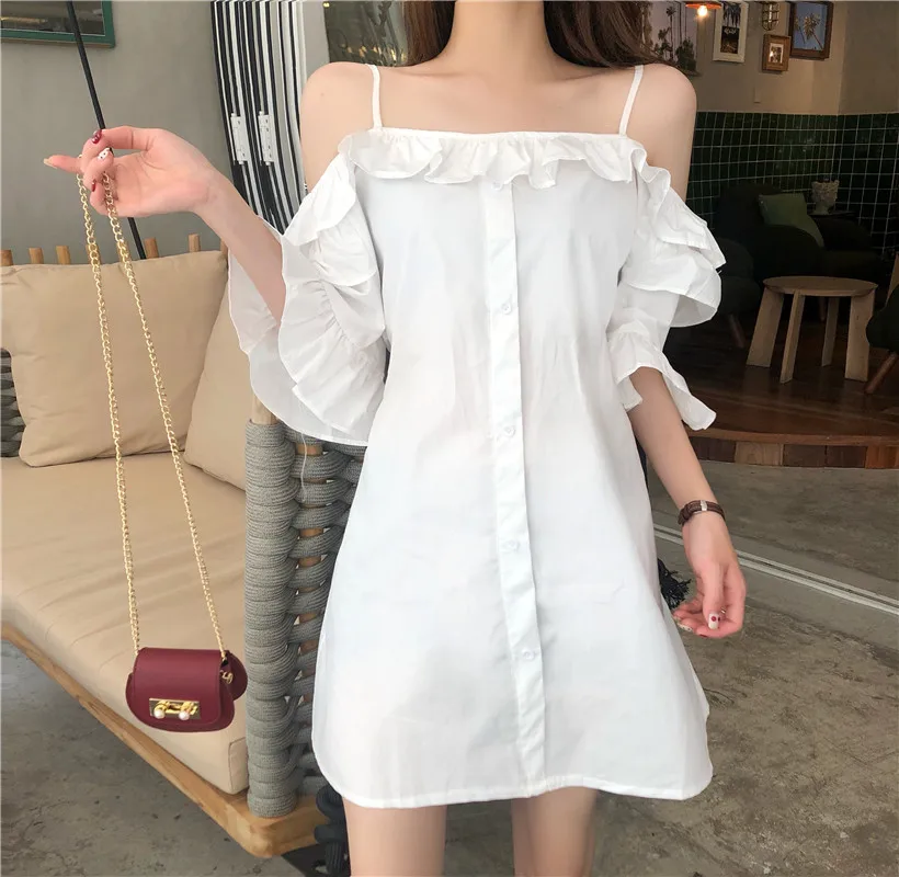 

2019 women Spring Summer Spaghetti Strap Ruffles Sleeves Off Shoulder Dress