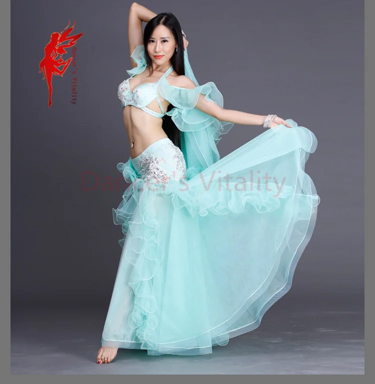 

Rhinestones luxury performance belly dance set top and skirt 2pcs ballroom dancer senior set 3D mesh Material belly dance suits