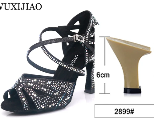Black heel 6cm WUXIJIAO/Популярные черно-белые женские туфли для латинских танцев из блестящей ткани; туфли для бальных танцев; вечерние туфли для танцев на квадратном каблуке 7,5 см - Цвет: Black heel 6cm
